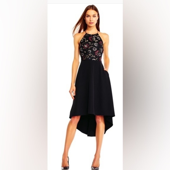 Aiden Mattox dress dark floral embroidered‎ halter flowy vintage cocktail size 6